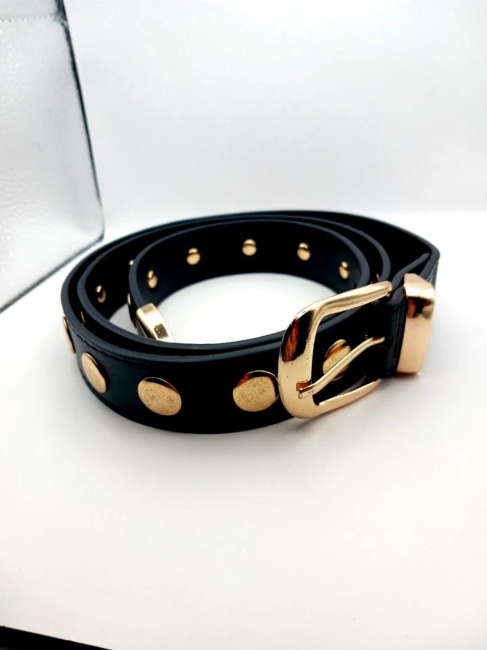 Large Goldtone + Black Studded Vegan Leather Belt New